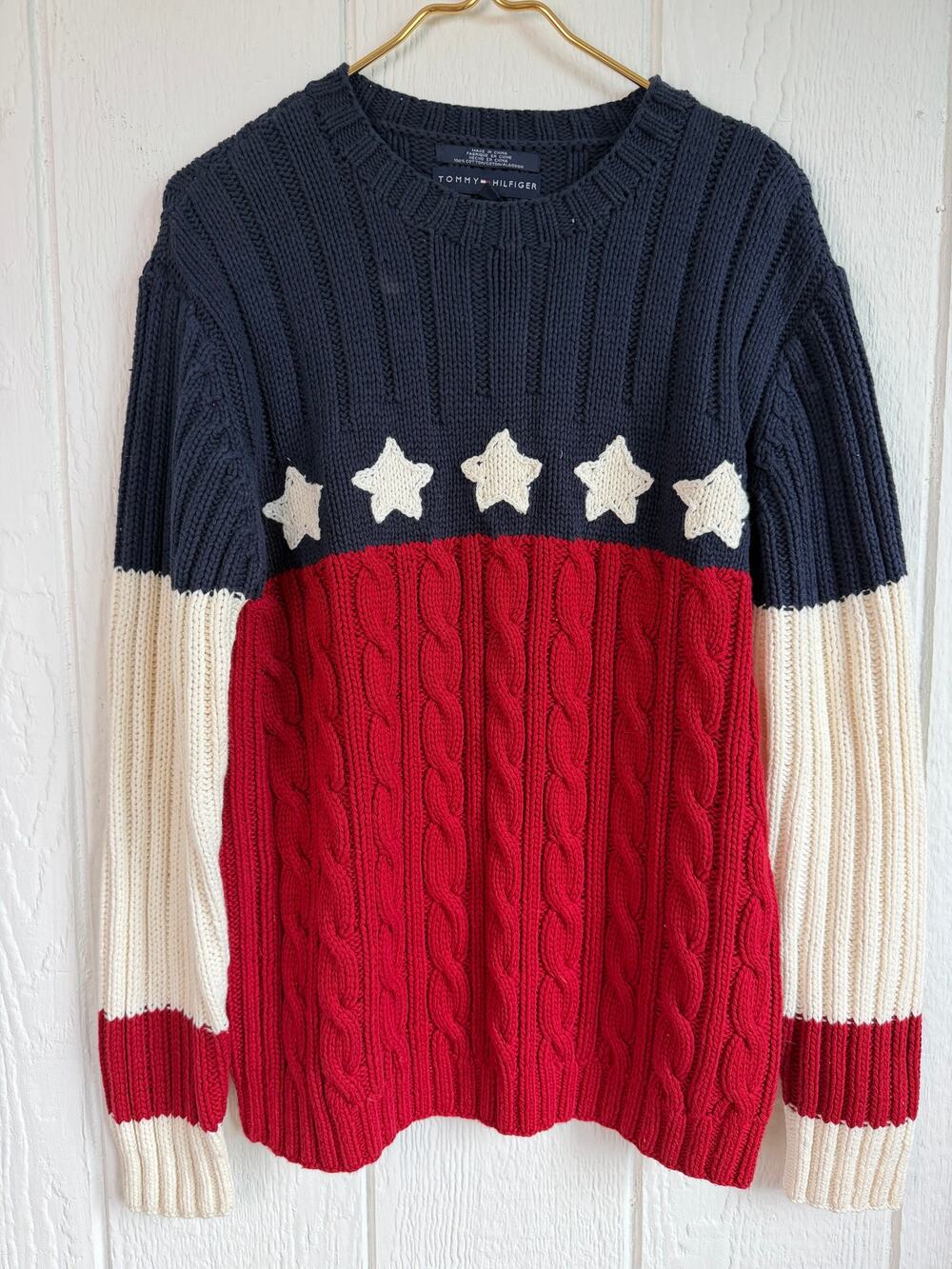 Vintage 90s Tommy Hilfiger American Flag Cable Knit Hand-Knit Sweater Medium